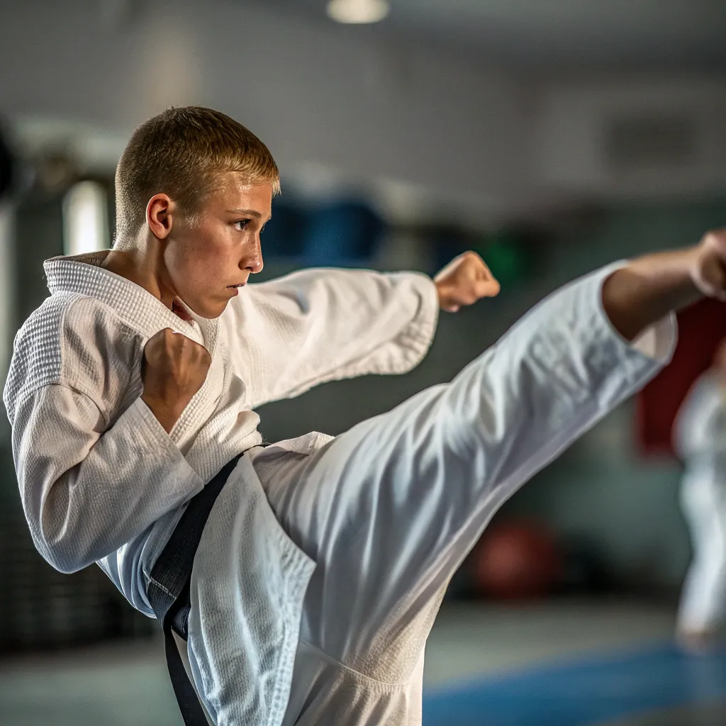 Martial arts student practicing with focus